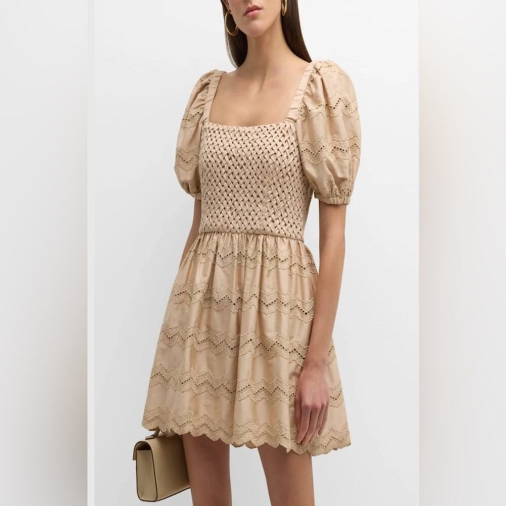 Atelier 17.56 Cassandra Smocked Eyelet Mini Dress Women S Sand NWT Coquette